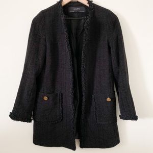 Zara Basics Black Tweed Fringe Blazer